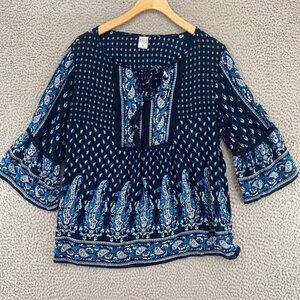 Bila Top Womens Small Navy Floral Paisley 3/4 Bell Sleeve Peasant Tied Tassel